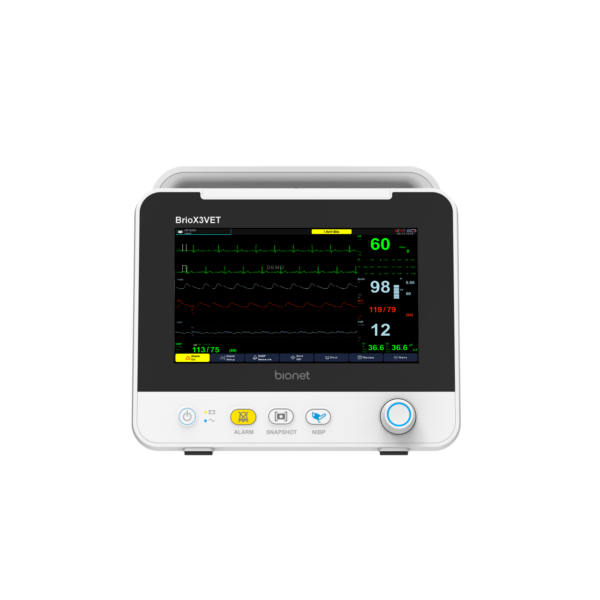 The Bionet Brio X30 Vet Patient Monitor displaying real-time ECG, SpO2, and other vital statistics on an 8-inch color touch screen
