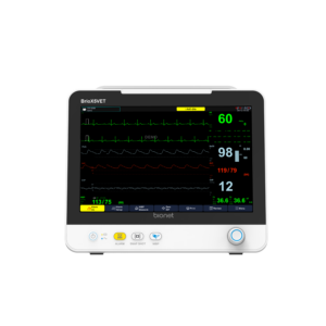 Bionet Brio X50 Vet Patient Monitor turned on, displaying colorful vital sign graphs on a clear 12.1-inch LCD touchscreen