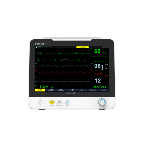 Bionet Brio X50 Vet Patient Monitor turned on, displaying colorful vital sign graphs on a clear 12.1-inch LCD touchscreen