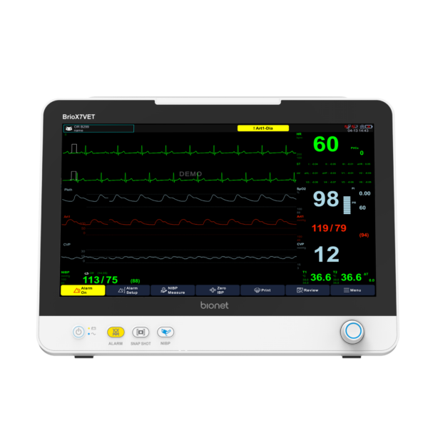 Close-up of Bionet Brio X70 Vet Patient Monitor displaying vital signs on a 15.6" TFT LCD color touch screen