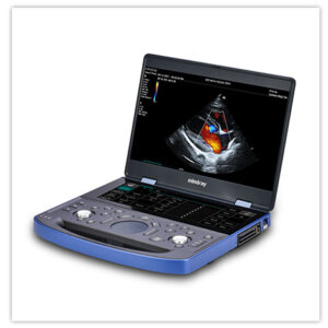 Mindray Vetus E7 Veterinary Ultrasound System with advanced imaging on a vibrant display, showcasing its portable design